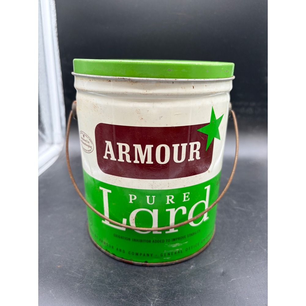 Vintage Armour Pure Lard 4lb Tin Bucket with Handle Green White Litho Recipes